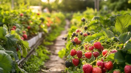 lush fruit garden with a variety of berry bushes.