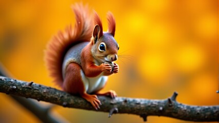 Fototapeta premium A squirrel with a red tail is eating something while sitting on a tree branch