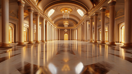 Fototapeta premium A stunning 3D image of a grand hall, showcasing its pillars and shiny floors that reflect light. The wide view feels like you're standing right there.360 degree view