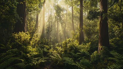 Obraz premium lush, temperate forest with towering trees and a dense undergrowth.