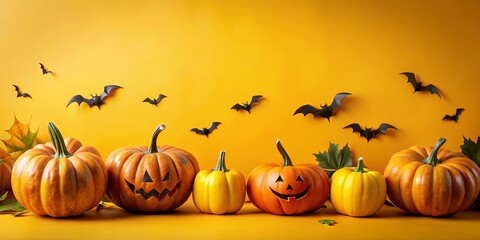 Colorful Halloween pumpkins and bats on a vibrant yellow background