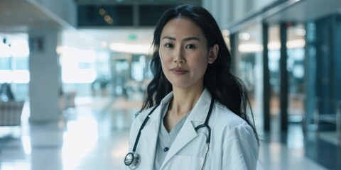 healthcare professional, doctor, medical, portrait, confident, hospital background, clinical setting, modern, serious expression, healthcare worker looking at camera, caring demeanor