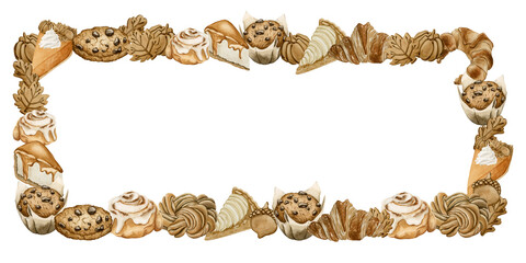 Autumn Pastry and Desserts Frame. Horizontal frame with Fall Delicious Candy Sweets. Watercolor food illustration