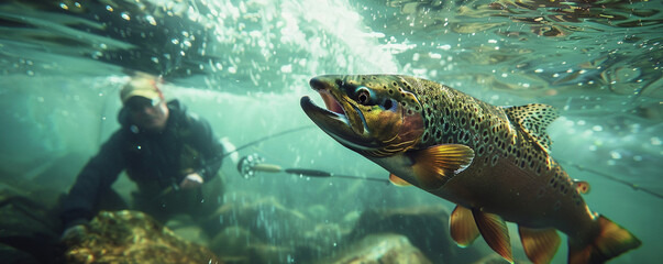 Fototapeta premium Underwater View of Trout and Fisherman in Clear River Stream