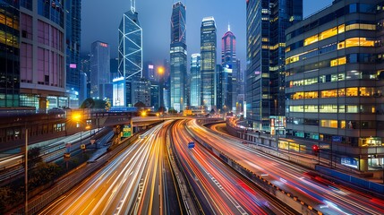 Obraz premium Cityscape Night Traffic Lights Trails Skyscrapers Highway