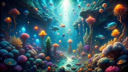 Fototapeta premium Surreal underwater scene with bioluminescent creatures drifting in the abyssal ocean ideal as wallpaper for a mesmerizing screensaver
