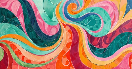 A vibrant abstract design featuring swirling patterns and bold colors, evoking a sense of movement and creativity.