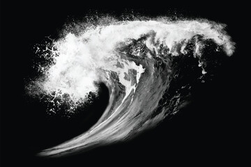 Breaking ocean wave isolated on dark background. Water splashes. Black and white illustration