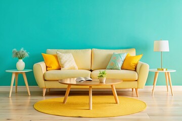 Cozy loveseat sofa near round accent coffee table. Scandinavian home interior design of modern living room in farmhouse