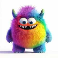 Fototapeta premium Cute rainbow furry monster 3D cartoon character