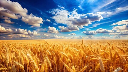 Naklejka premium Vibrant golden wheat field under a clear blue sky with fluffy clouds in the peak of summer