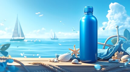 Obraz premium Blue Water Bottle on Wooden Dock with Seashells and Starfish Summer Beach Scene