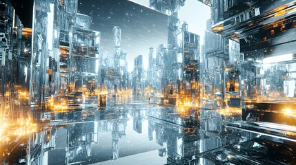 Futuristic metallic cityscape, towering structures glistening under a vibrant sunset, intricate designs reflecting modern architecture and innovation.