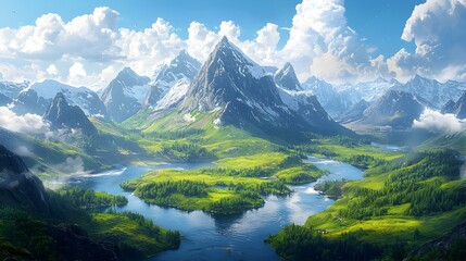 Obraz premium Majestic terrain with towering 3D mountains, serene river flowing through lush valleys, vibrant sky enhancing the breathtaking scenery.