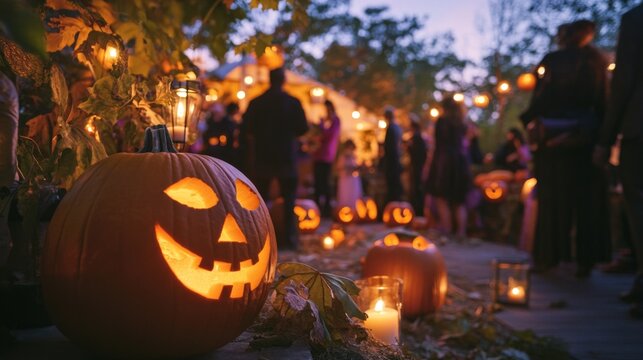 Carved Pumpkin with Candlelight at a Halloween Gathering