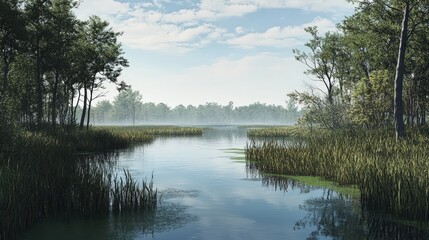quiet marshland with still water and tall grasses, captured with a green screen background.