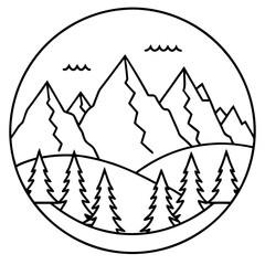 Obraz premium mountains forest outline coloring book page line art drawing