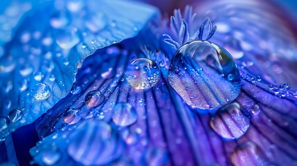 Droplet Reflections: Water droplets on a blue iris petal, each droplet reflecting the intricate details and vibrant blue of the surrounding petals.