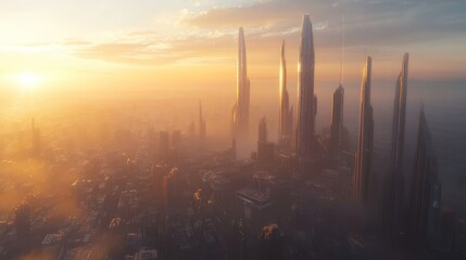 A futuristic cityscape with tall skyscrapers and a hazy sunset sky.