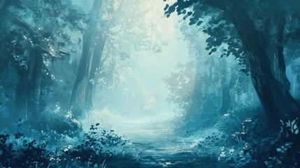 serene forest with a gentle mist rising from the ground