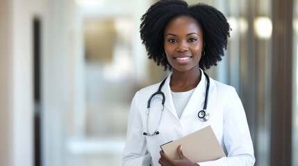 African-American female physician standing confidently in a bright office holding a folder with a welcoming expression