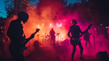 Silhouetted Band Performing in a Foggy, Pink and Orange Lit Stage