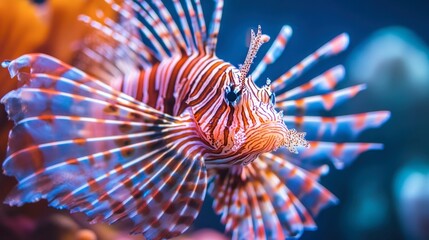 A striking shot of a lionfish with its venomous spines extended, showcasing the intricate patterns and vivid colors of its body.