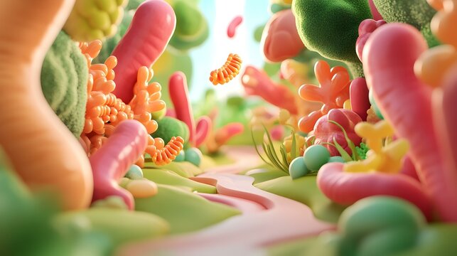 Human digestive system illustration, highlighting prebiotics and probiotics, showcasing their roles in gut health and microbiome balance.