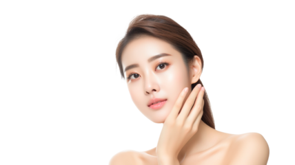 Beautiful smiling asian woman with naked shoulder isolated on transparent background PNG.
