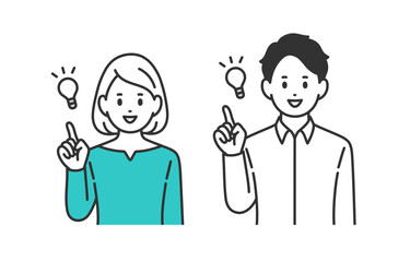 ひらめきのポーズをする若い男女のセット【人物ベクターイラスト素材】