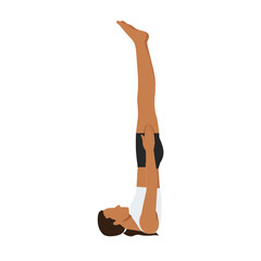 Young woman doing Unsupported Shoulder Stand Pose yoga exercise. Flat vector illustration isolated on white background