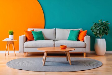 Cozy loveseat sofa near round accent coffee table. Scandinavian home interior design of modern living room in farmhouse