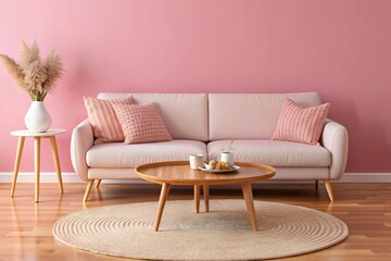 Cozy loveseat sofa near round accent coffee table. Scandinavian home interior design of modern living room in farmhouse