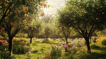 Naklejka premium well-tended fruit garden featuring an assortment of stone fruits.