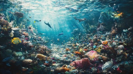 Obraz premium underwater scene filled with plastic waste and other marine litter.