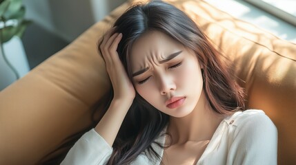 Fototapeta premium Portrait of Asian woman is holding their hand from headache lying on sofa, Young beautiful Asian woman on sofa having headache, migraine, stress, sick