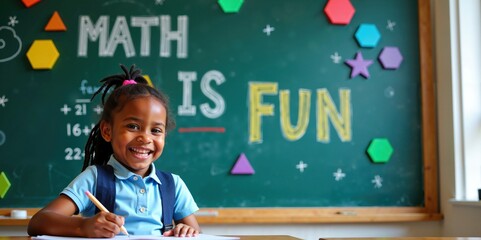 Excited African American Schoolgirl Learning Math in Classroom with 'Math is Fun' Chalkboard