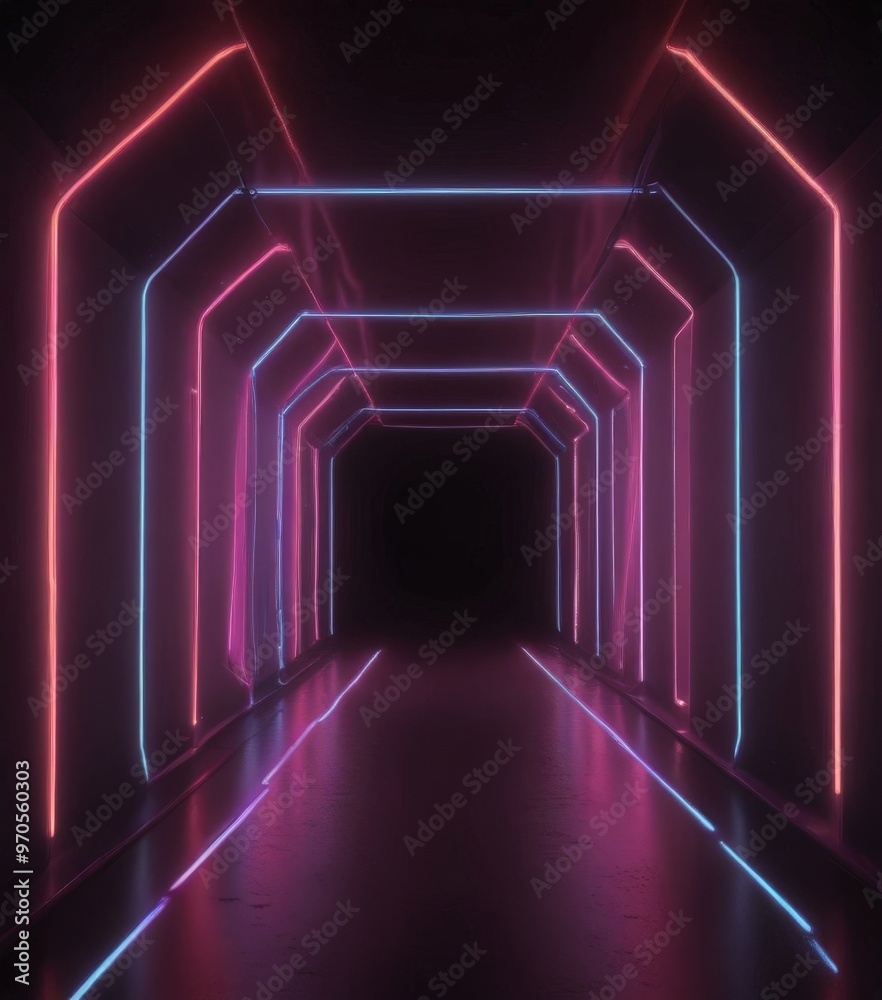 Poster A long, dark corridor with a series of neon lights arranged in a geometric pattern, creating a tunnel-like effect.