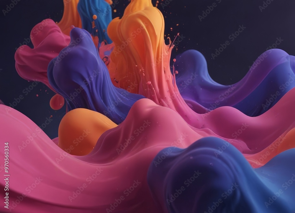 Poster a vibrant abstract composition of fluid, colorful shapes and splashes, with a dark background that a