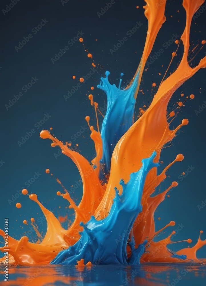 Poster a vibrant splash of orange and blue paint against a dark blue background, with the paint splashing a