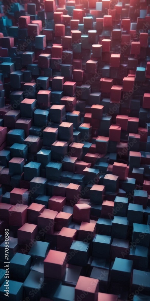 Aufkleber a 3D of a complex pattern of overlapping cubes in various shades of blue, pink, and red, creating a visually striking and abstract design.