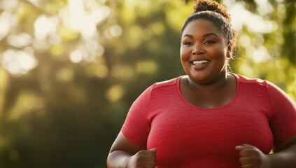close-up of overweight black woman running in the park, wearing red fitness attire, smiling and happy