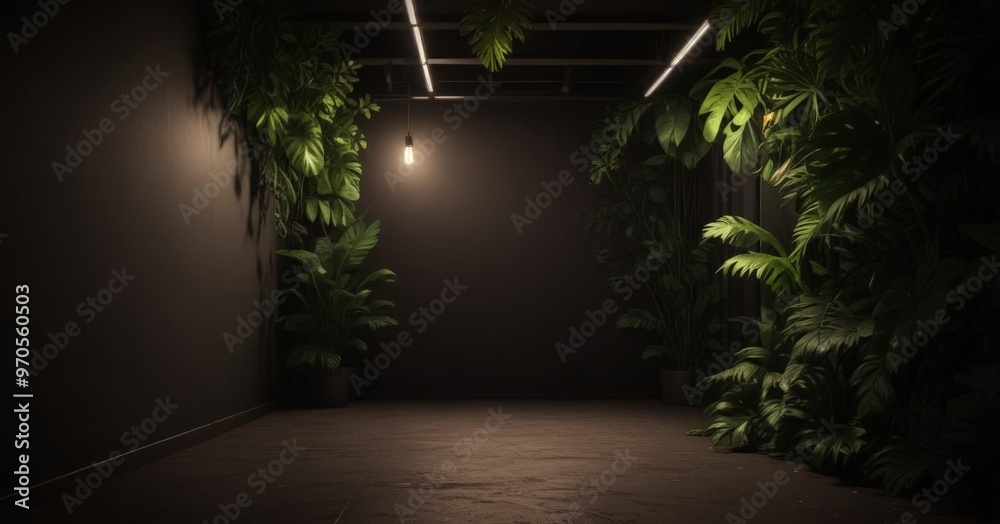 Poster a dimly lit corridor with a single hanging light, flanked by lush green plants, creating a serene an