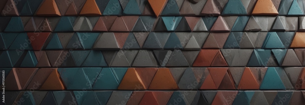 Leinwandbilder A close-up view of a wall adorned with a repeating pattern of triangular tiles in various shades of brown, blue, and green.