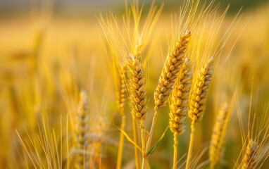 Fototapeta premium A close-up of golden wheat stalks in a field, showcasing the beauty of agriculture and nature.