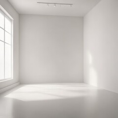 Obraz premium A bright, empty room with a large window on the left and a track light above the center wall.