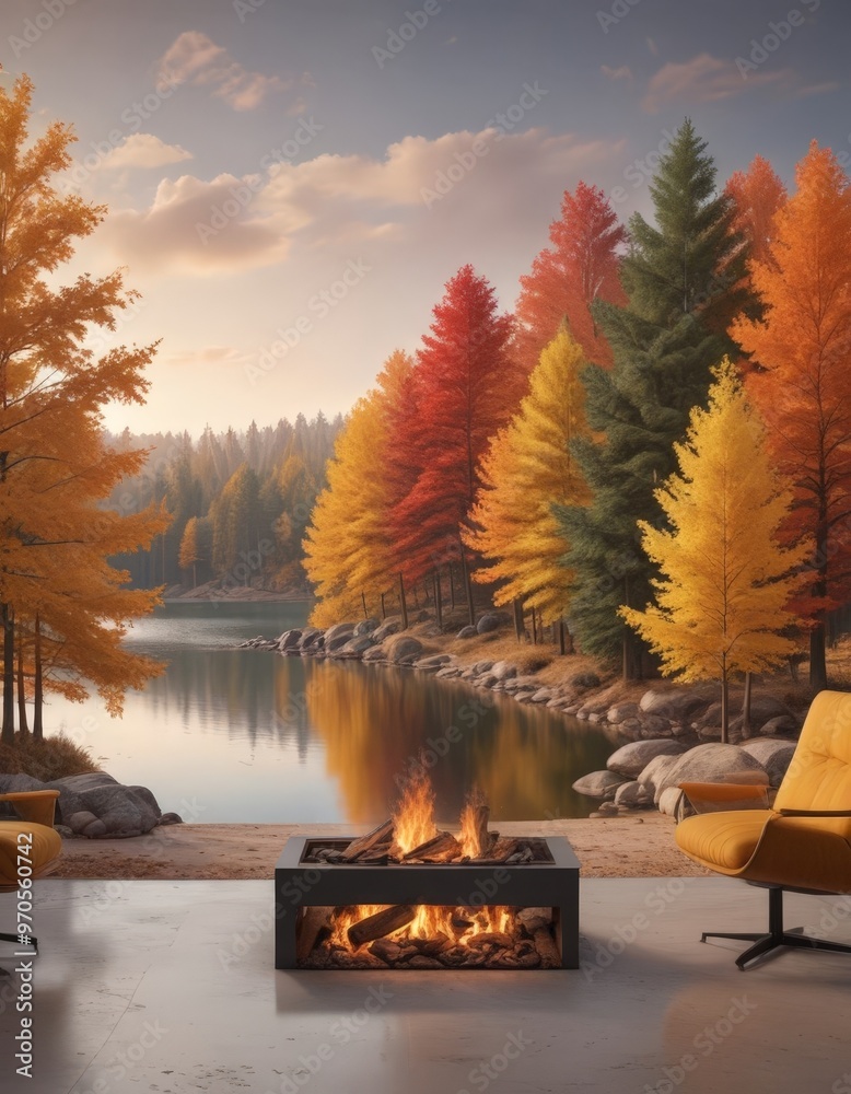 Poster a serene autumnal scene unfolds at a lakeside, with a fire pit in the foreground and a backdrop of t