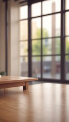Fototapeta premium A wooden table with a slatted top sits in the foreground, its surface reflecting the soft light filtering through a large window behind it. The window, with its panes of