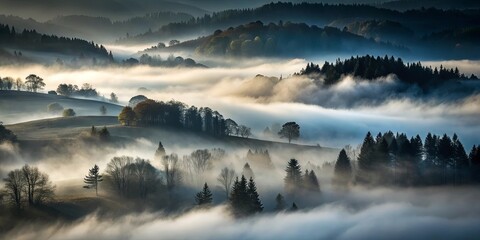 Obraz premium Mysterious fog rolling across a dark landscape with trees and hills