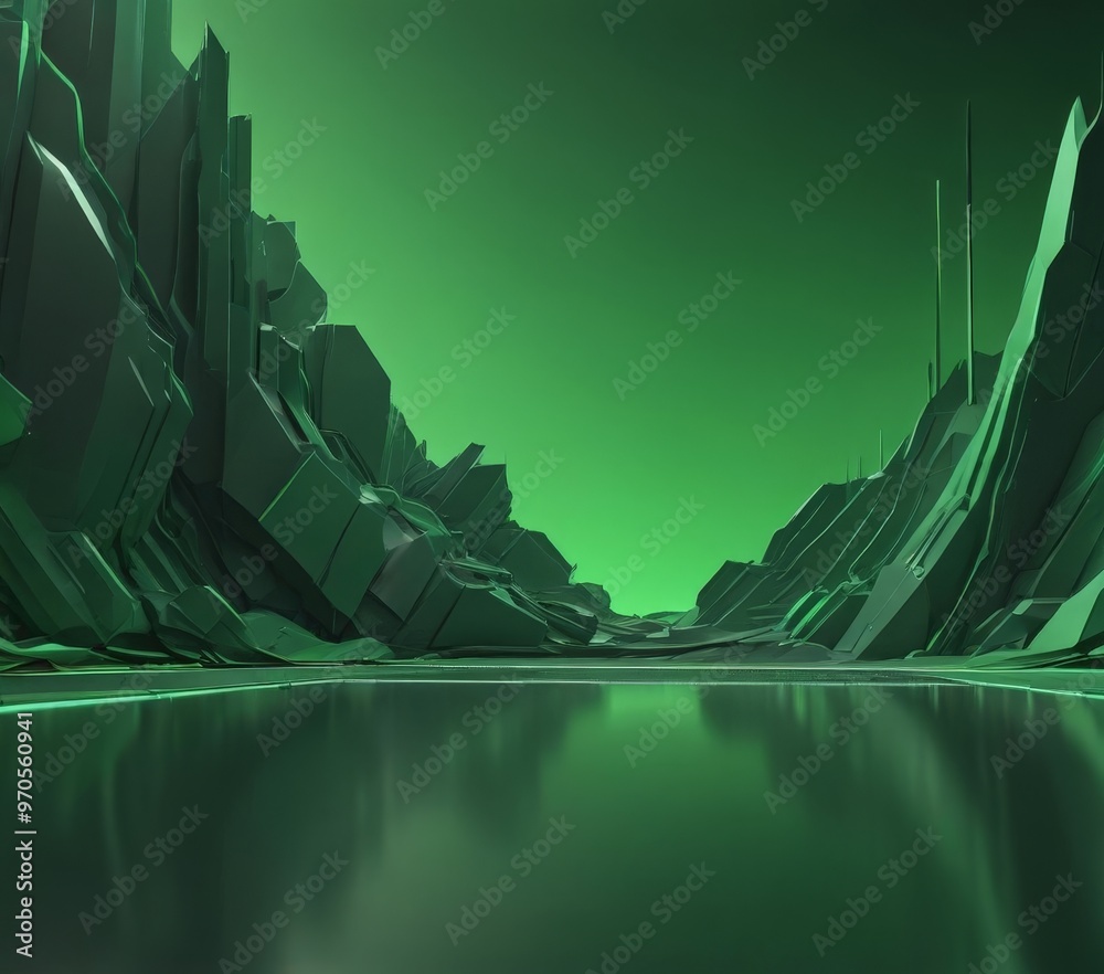 Poster the image presents a digital of a serene landscape featuring a calm lake surrounded by towering, geo